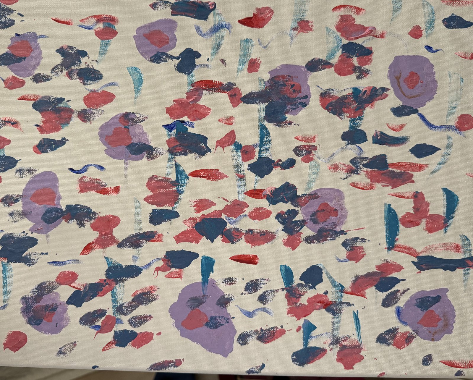 Dots in red, lilac, navy on cream canvas